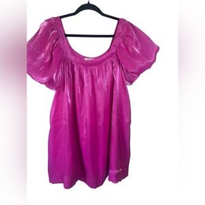 STORIA Hot Pink/Fuchsia Metallic Square Neck Puff Sleeve Party Dress Size M NWOT